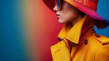 ai généré mannequin portant Jaune manteau et rose chapeau photo