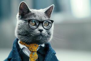 ai généré affaires chat portant des lunettes et une attacher sur un vide Contexte avec copie espace photo