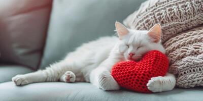 ai généré en train de dormir blanc chat avec une tricoté jouet dans une brillant moderne confortable intérieur. soins pour animaux domestiques photo