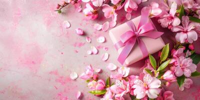 ai généré mignonne rose cadeau boîte sur vide pastel Contexte avec bouquet de fleurs. romantique Contexte pour anniversaire, mariage ou aux femmes journée photo