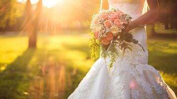 ai généré les mariées robe chatoyant dans le lumière du soleil photo