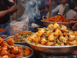 ai généré rue nourriture dans delhi chaat et Samosas photo