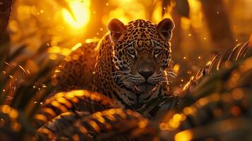 ai généré jaguar, sauvage fougères, majestueux prédateur roaming luxuriant jungle feuillage en dessous de une réglage soleil, réaliste, d'or heure, profondeur de champ bokeh effet photo