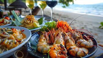 ai généré thaïlandais Fruit de mer le banquet grillé crevettes photo