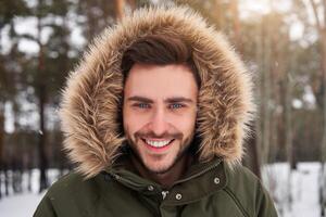 attrayant barbu homme permanent en plein air dans hiver saison forêt. photo