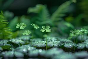 ai généré vert trèfles avec rosée gouttes dans le forêt photo