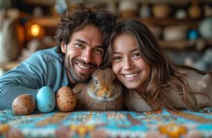 ai généré Jeune couple et leur animal de compagnie lapin pose pour selfie avec Pâques des œufs. une famille célébrer leur Pâques avec une famille portrait photo