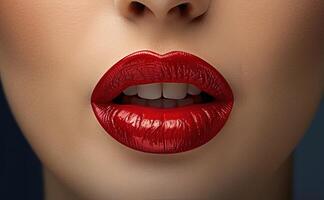 ai généré magnifique femme avec rouge rouge à lèvres. femme bouche est peint avec rouge rouge à lèvres photo
