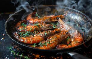 ai généré frit tigre crevettes dans la poêle avec fumée et vapeur photo