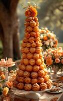 ai généré mariage gâteau avec beignets sur le table photo