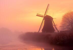 ai généré Moulin à vent dans brumeux coloré lever du soleil. une Jaune Moulin à vent monte de une brumeux champ photo