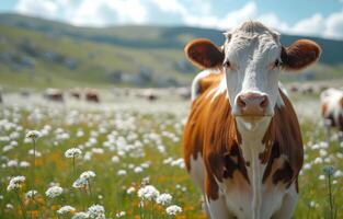 ai généré vaches sur été pâturage. une groupe de marron et blanc vaches pâturer dans le champ photo