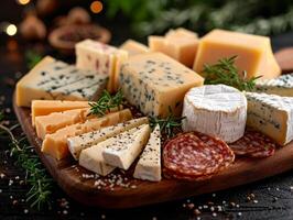 ai généré assorti les fromages avec Romarin et épices sur en bois planche photo