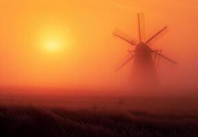 ai généré Moulin à vent dans le brouillard à lever du soleil photo