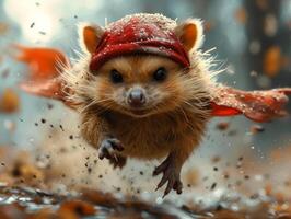 ai généré marrant animal peu mignonne furet dans rouge chapeau et écharpe fonctionnement dans le l'automne forêt photo