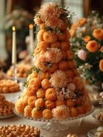 ai généré pyramide de Profiteroles avec fleurs sur de fête table photo