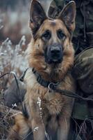 ai généré allemand berger chien est assis dans le herbe et regards dans le caméra photo