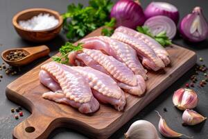 ai généré brut poulet ailes sur Coupe planche avec épices et des légumes photo