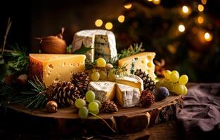 ai généré gourmet fromage plat sur de fête Noël table avec copie espace photo