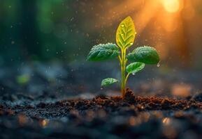 ai généré Jeune plante croissance dans le Matin lumière et l'eau gouttes ou rosée sur le feuilles photo