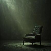 ai généré chagrin chaise, une sombre création dans foncé teintes et lourd, velours tapisserie ses tranchant angles et du froid métal accents miroir le poids de tristesse mis seul dans une vaguement allumé pièce photo