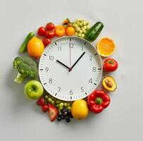 ai généré fruit et des légumes autour le l'horloge photo