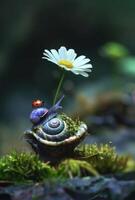 ai généré coccinelle et escargot sur camomille. une petit Marguerite fleur croissance de une coquille photo