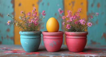 ai généré Pâques des œufs et fleurs dans des pots photo
