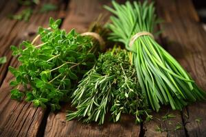 ai généré Frais herbes sur en bois table photo