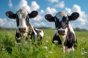 ai généré deux vaches sont à la recherche avec curiosité à le caméra dans vert pâturage avec fleurs photo