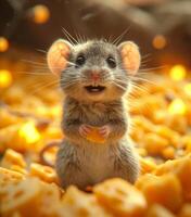 ai généré peu Souris et fromage sur le sciure. une Souris permanent dans de face de une pile de fromage et lumières photo