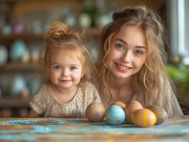 ai généré Jeune mère et sa peu fille La peinture Pâques des œufs. photo
