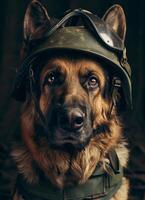 ai généré allemand berger dans militaire casque photo