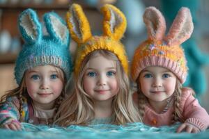 ai généré Trois mignonne peu les filles sont mensonge sur le lit dans chaud tricoté Chapeaux avec oreilles de lièvre. photo