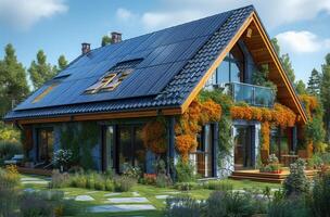 ai généré maison avec solaire panneaux sur le toit. photovoltaïque système sur le toit photo