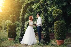 Beau jeune marié détient le de la mariée main près vert fleur arcade photo