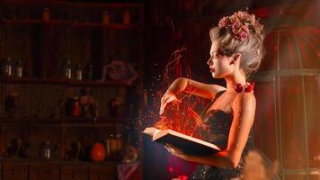 charmant femme sorcière fleurs dans cheveux ancien noir robe avec livre de épeler dans le vieux château. Halloween. fête. photo