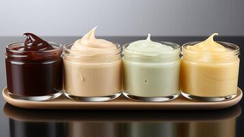 ai généré biologique ouvert cosmétique pots avec intervalle de couleurs sur lumière Contexte. concept de produits de beauté assortiment, soins de la peau, faciale et corps crèmes, et beauté produit afficher photo