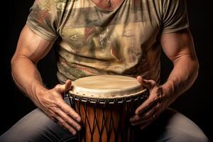 ai généré musicien en jouant une djembé tambouriner. le batteur avec djembé. concept de traditionnel musique, percussion talent artistique, vivre performance, et musical concentrer photo