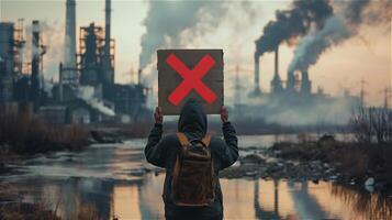 ai généré retour coup de une homme en portant une manifestation signe avec la pollution de un industriel Contexte photo