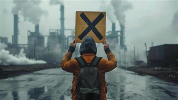 ai généré retour coup de une homme en portant une manifestation signe avec la pollution de un industriel Contexte photo