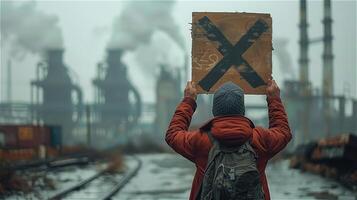 ai généré retour coup de une homme en portant une manifestation signe avec la pollution de un industriel Contexte photo