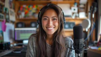 ai généré souriant femme podcasteur hôtes record l'audio Podcast dans Accueil studio photo