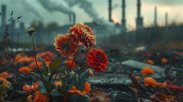 ai généré fleurs mourant de air la pollution dans la pollution de industriel Contexte photo
