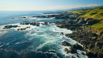 ai généré aérien vue paysage de littoral avec océan vagues et puissant de mer avec paysage marin canal et rocheux côte photo