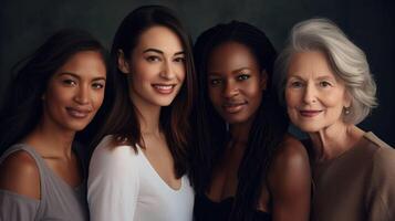 ai généré une groupe de femmes posant pour une image, un de qui est un plus âgée femme photo