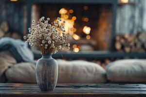 ai généré vase avec séché fleurs sur une foncé en bois café tableau, cheminée avec Feu dans le arrière-plan, vivant pièce dans une pays maison photo
