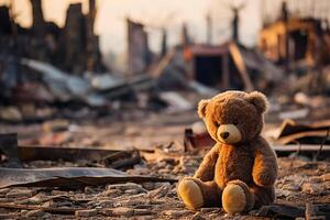 ai généré jouet nounours ours contre le toile de fond de une détruit cit photo