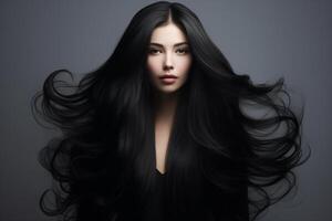 ai généré magnifique asiatique femme avec longue noir cheveux photo