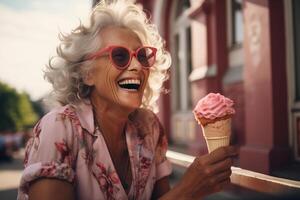 ai généré vieux femme avec une large sourire mange une gros la glace crème photo